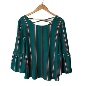 Krazy Kat Boutique Women Formal Stripe Bell Sleeve Ruffle Business Casual Blouse